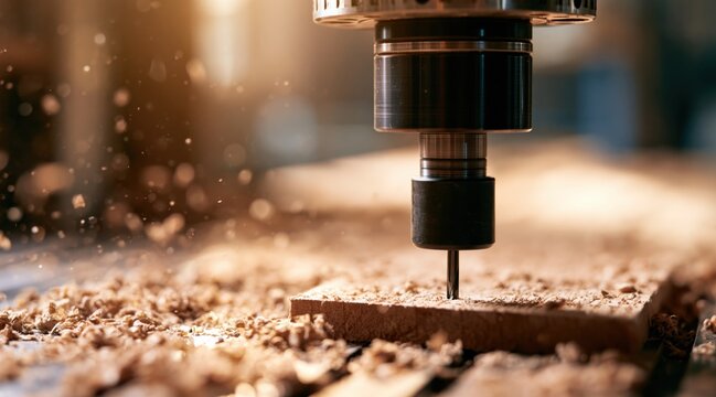 Wood CNC router machine spindle carving wooden board with flying sawdust