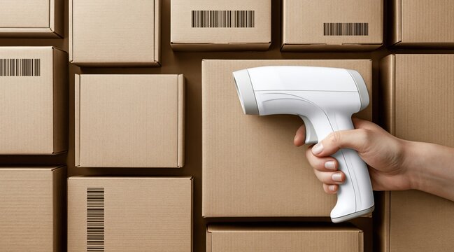Hand holding handheld barcode scanner over brown cardboard boxes