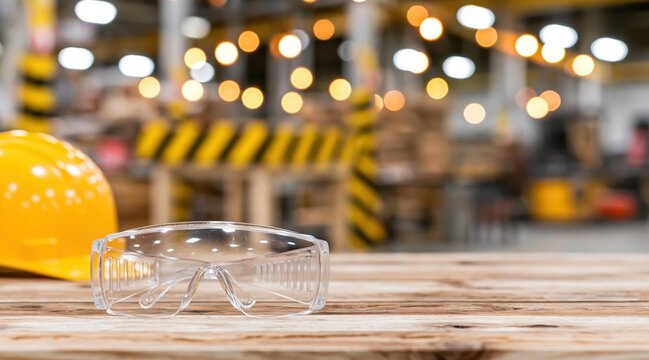 Safety goggles and yellow hard hat on wooden table in factory