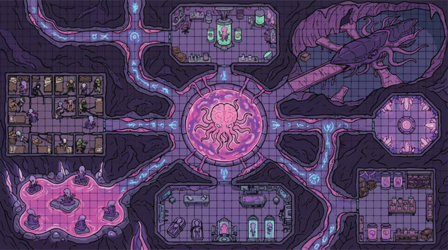 Fantasy battle map of a dark eldritch dungeon, purple alien lair floor plan for tabletop games, mysterious underground cavern base with organic chambers