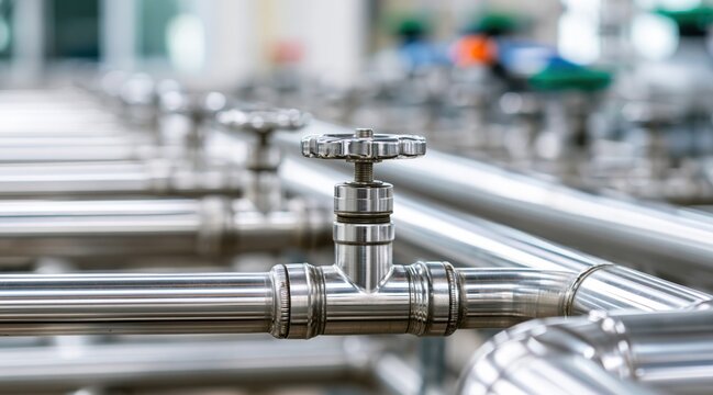 Close up of stainless steel piping system with industrial valves