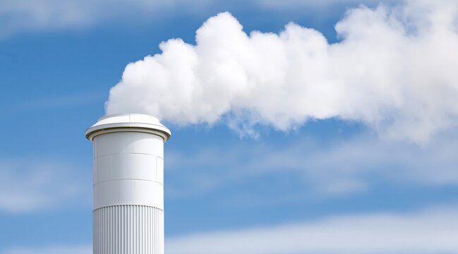 White industrial chimney emitting smoke against blue sky