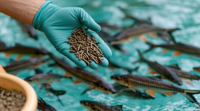 Hand in protective glove holding fish feed pellets above water with swimming fish