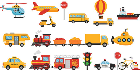 Transportation vehicle vector flat icon set featuring airplane helicopter train bus taxi and ship illustrations for kids © Lipi