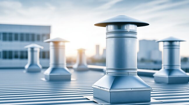 Industrial roof ventilation system on metal building during sunset