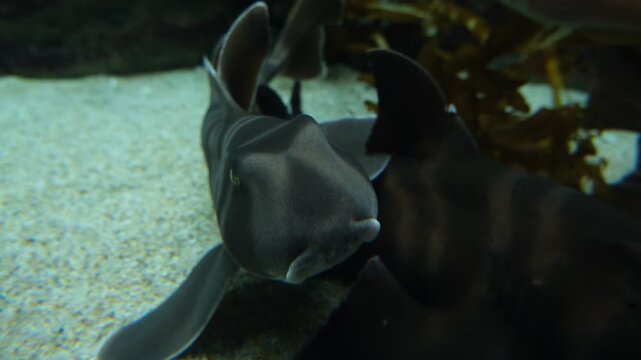 Black fish changing resting place on aquarium floor after another fish moves