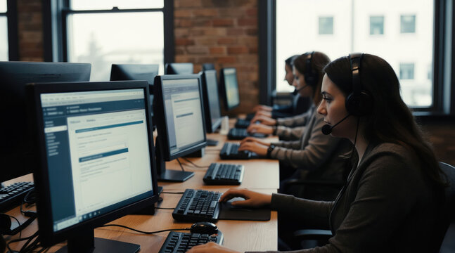 Women work at computer workstations in a call center. Agents use headsets and type on keyboards to assist clients. Modern office space with multiple monitors.