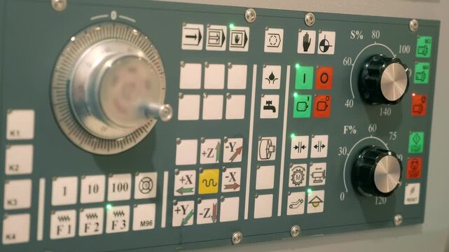 Control panel of a lathe or milling machine. Closeup. Shallow depth of field. Follow focus
