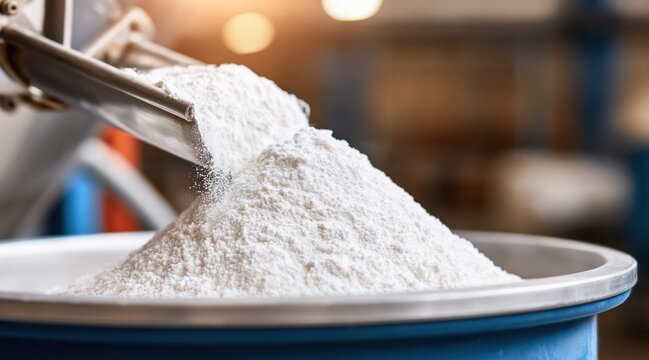 White powder pouring from metal chute into large container in industrial facility
