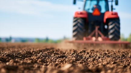 Obraz premium Red tractor working on farm field with soil in focus