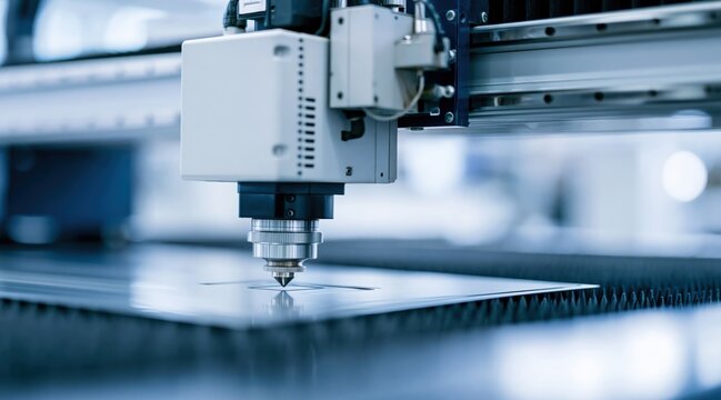Industrial laser cutting machine processing metal sheet in factory