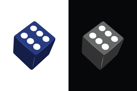 A isometric three dimensional rendering of a single gaming cube dice showing the number six with white dots, presented in blue on a white background and grey on a black background.