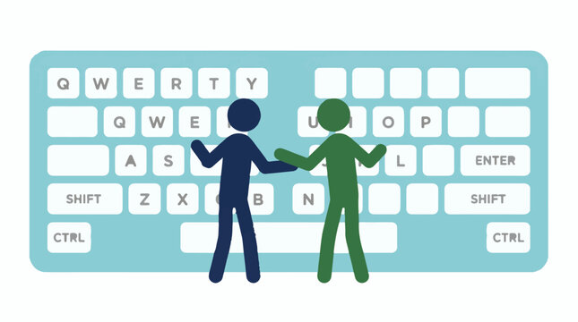 People shaking hands in front of a computer keyboard