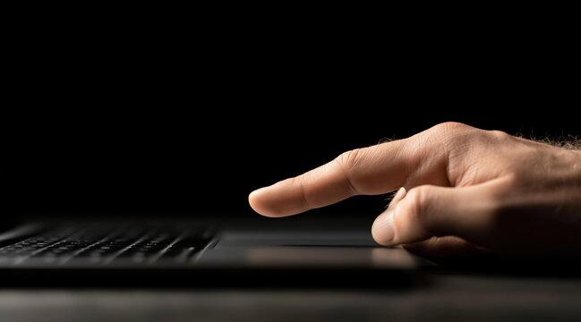 Male hand touching laptop touchpad on dark background