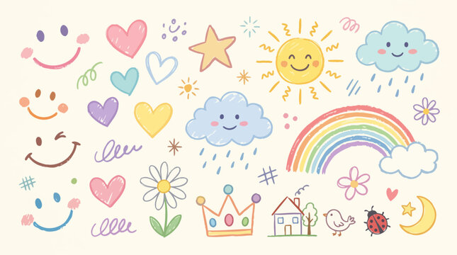 A colorful illustration of various cute cartoon doodles and emojis on a white background ,   vector illustration sets