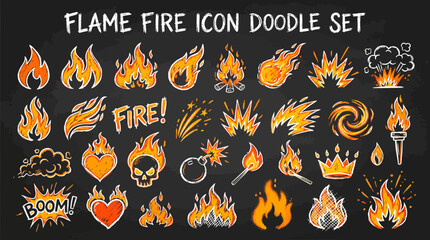 A vibrant collection of flame and fire icons in a doodle style set against a dark background ,   vector illustration sets © PYARA