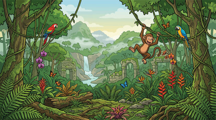 Tropical jungle landscape with monkey and parrots, cartoon rainforest background with ancient ruins and waterfall, exotic wildlife scene with lush green vegetation © xantii