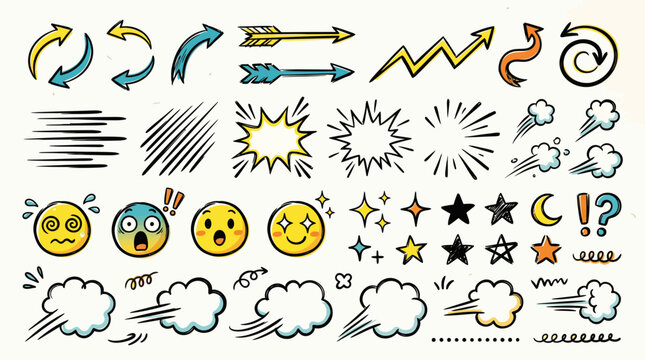 A colorful collection of cartoon-style emoticon and emoji illustrations with various expressions and symbols. ,   vector illustration sets