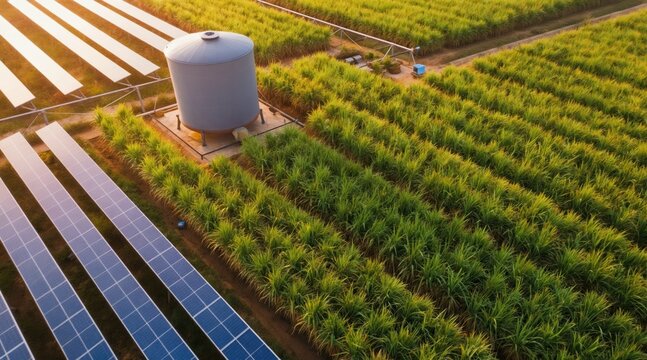 Aerial view of solar panels next to sugarcane field and water tank. Modern farm uses irrigation and renewable energy sources. Sustainable agriculture and tech integration.