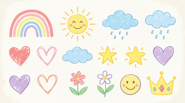 A colorful illustration of various cute cartoon symbols and emojis on a white background ,   vector illustration sets