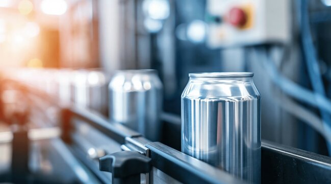 Aluminum beverage cans moving on industrial conveyor belt in factory