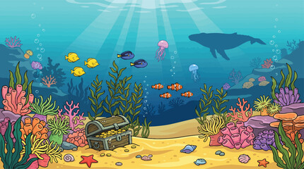 Underwater cartoon landscape with coral reef and treasure chest, ocean floor with sea animals and whale silhouette, colorful marine life background for children © xantii