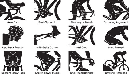 Obraz premium Set of black bicycle riding technique icons showing body position and bike handling skills for professional road cycling and mountain bike training isolated on white background, Vector, illustration