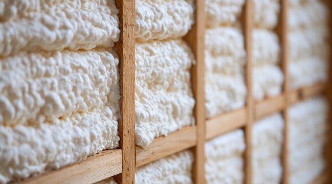 Close up white spray foam insulation between wooden wall studs