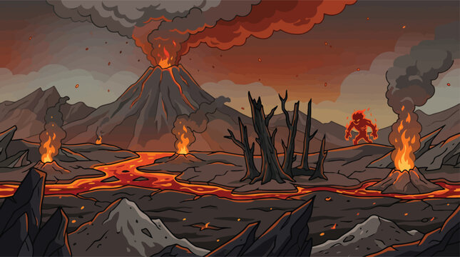 Volcanic landscape with erupting mountain and lava river, fantasy hell background with fire monster, apocalyptic wasteland vector illustration for game design