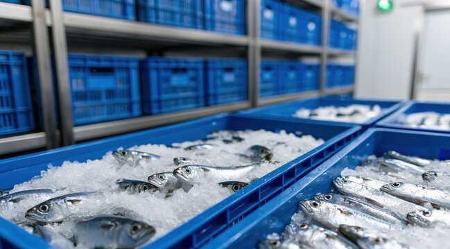 Fresh fish on ice in blue plastic crates at cold storage facility