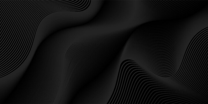 Black abstract background design. Modern wavy line pattern in monochrome colors. Premium stripe texture for banner, business backdrop. Dark horizontal vector template