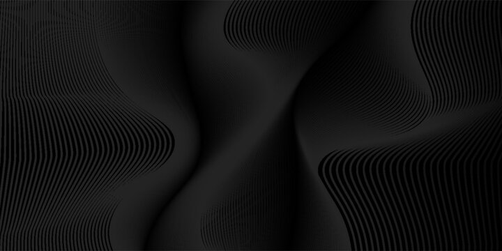 Black abstract background design. Modern wavy line pattern in monochrome colors. Premium stripe texture for banner, business backdrop. Dark horizontal vector template