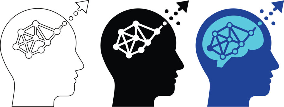 Human head silhouette vector set with neural network and upward arrow AI concept