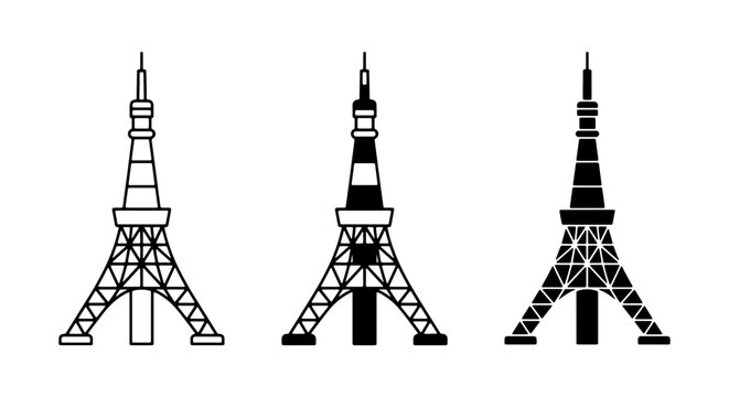 Tokyo Tower Vector Icons: Landmark Silhouettes, Cityscape Elements, Architectural Symbols for Travel and Urban Design