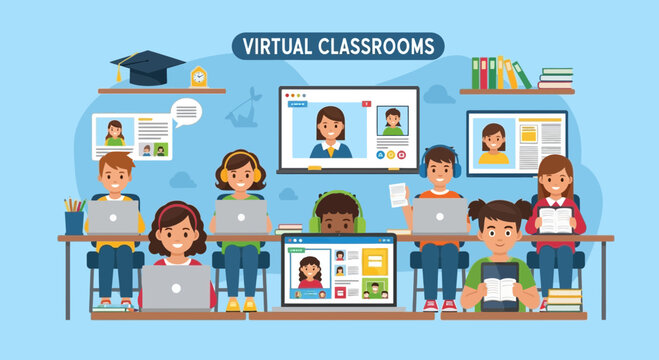 Virtual classrooms with students and teacher online