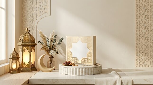 Ramadan gift box mockup on marble podium