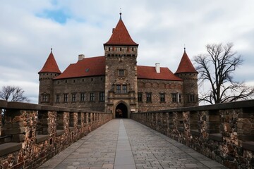 Fototapeta premium Old stone castle Czocha in Poland with red roofs and towers. A cobbled bridge leads to the main entrance gate. The sky is cloudy with scattered blue patches.