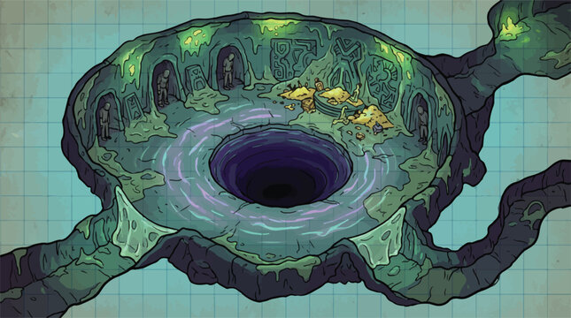 Fantasy dungeon battle map vector, hand-drawn underground cavern with bottomless pit, tabletop rpg game environment with glowing green slime and treasure