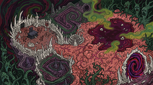 Dark fantasy underworld map vector, hellish landscape with bone throne and blood pool, demonic dungeon environment for tabletop gaming, creepy underworld scene with portal