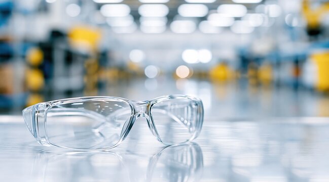 Clear safety glasses on reflective surface in blurred factory environment