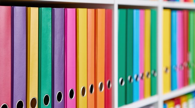 Colorful ring binders on white shelves in office