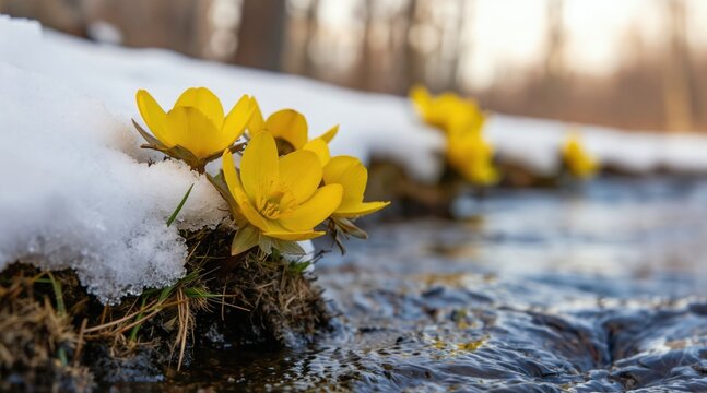 Yellow flowers grow through snow beside a stream. Gentle sun warms melting snow, signaling early spring rebirth. Life returns to nature, showcasing seasonal change.