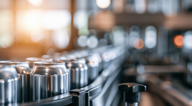 Beverage cans on conveyor belt in automated manufacturing facility