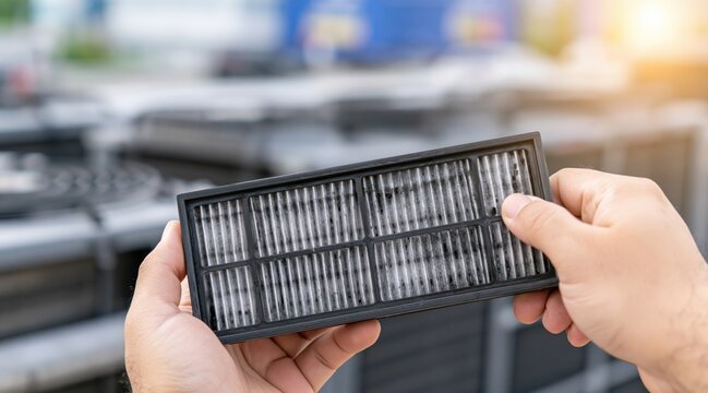 Hands holding dirty air filter for air conditioning unit outdoors