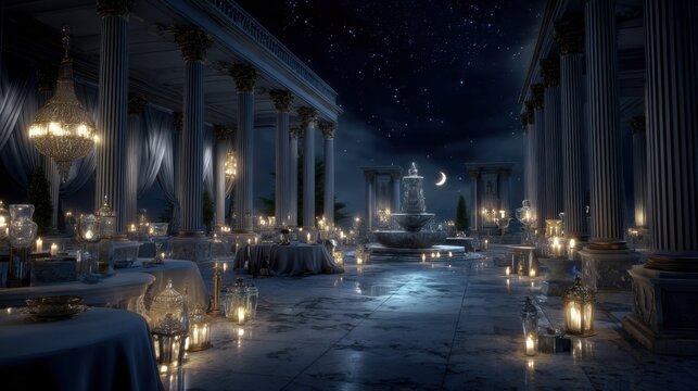 Space universe exploration, fantasy. A grand, opulent setting, likely a palace or grand hall, bathed in the soft glow of a crescent moon and stars. The color palette is dominated by deep blues.