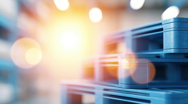 Blue plastic pallets stacked in industrial warehouse with lens flare