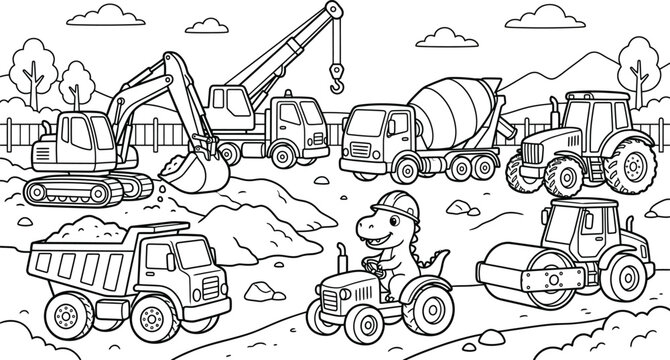 Colorful illustration of a dinosaur operating heavy machinery at a construction site with various vehicles
