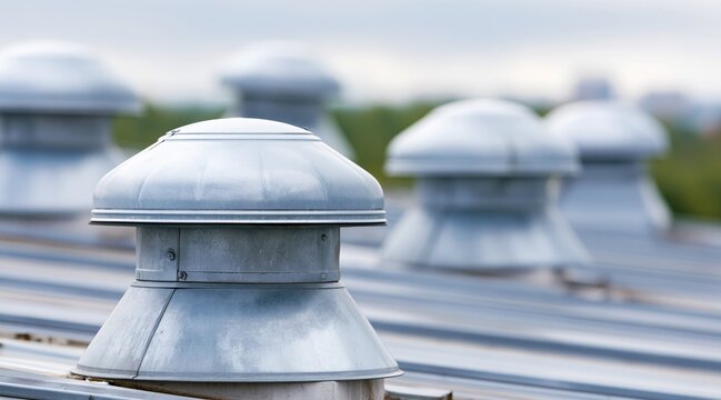 Close up of metal exhaust vents on industrial rooftop