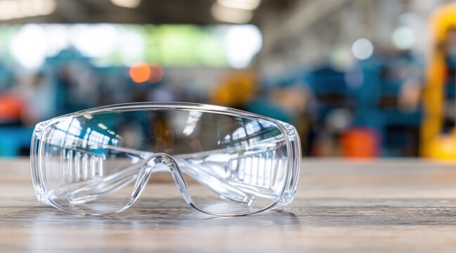 Clear safety goggles on wooden surface in industrial workshop background