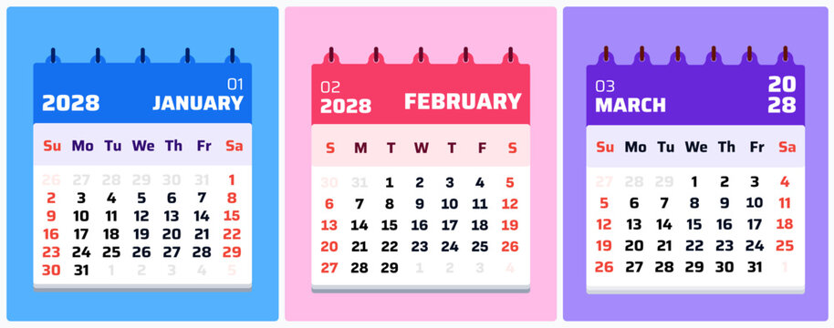 Quarterly calendar template displaying January February and March 2028 in colorful modern layouts. Clean vector illustration perfect for planning and productivity concepts